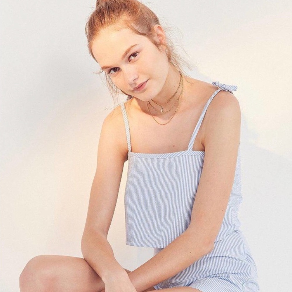 Solid and Striped X Staud The Bora Stripe Top in Blue Seersucker